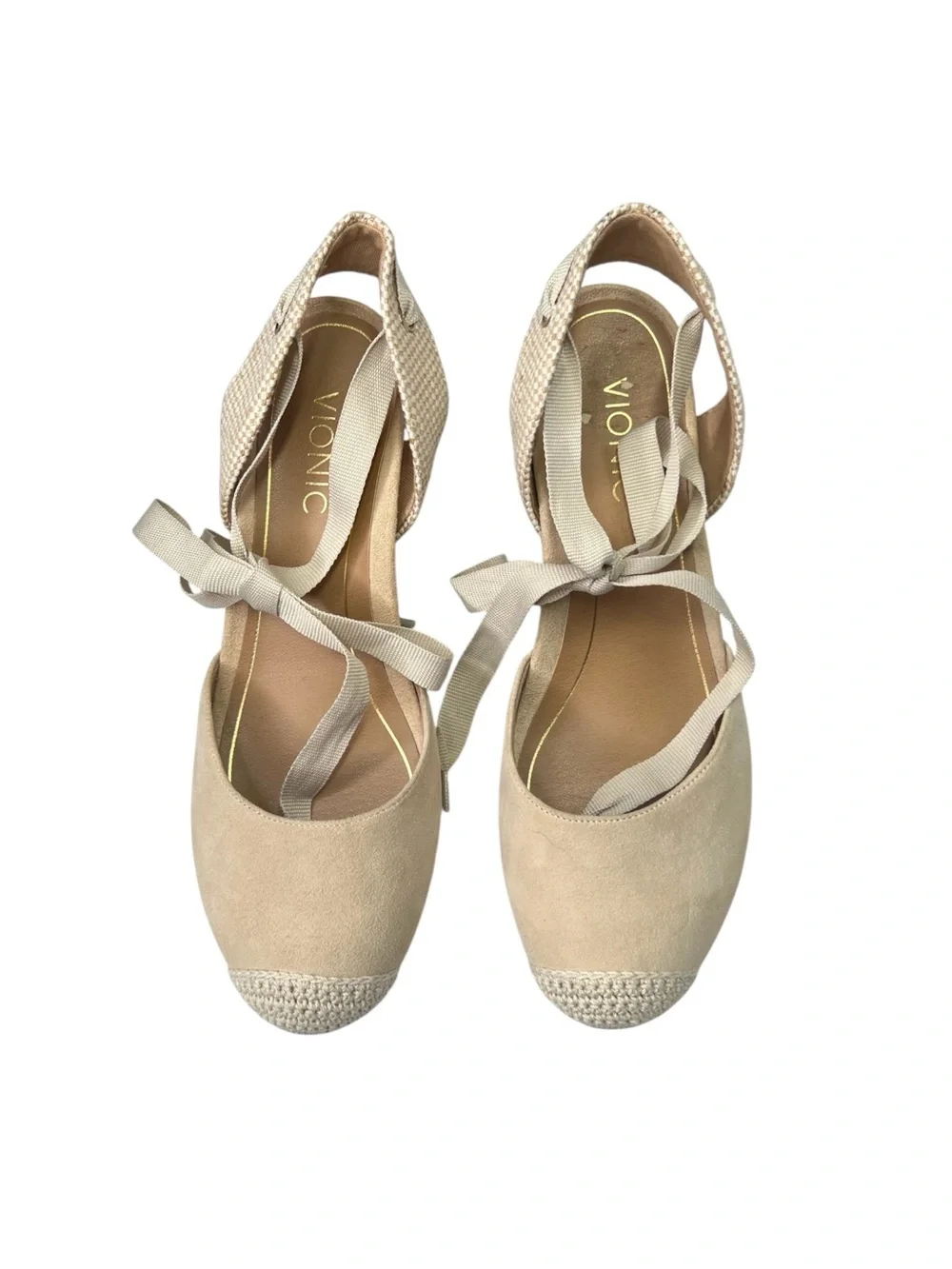 Vionic Espadrille Wedges Size 8.5 Ribbon Ankle Wrap Maris Cream Suede Closed Toe